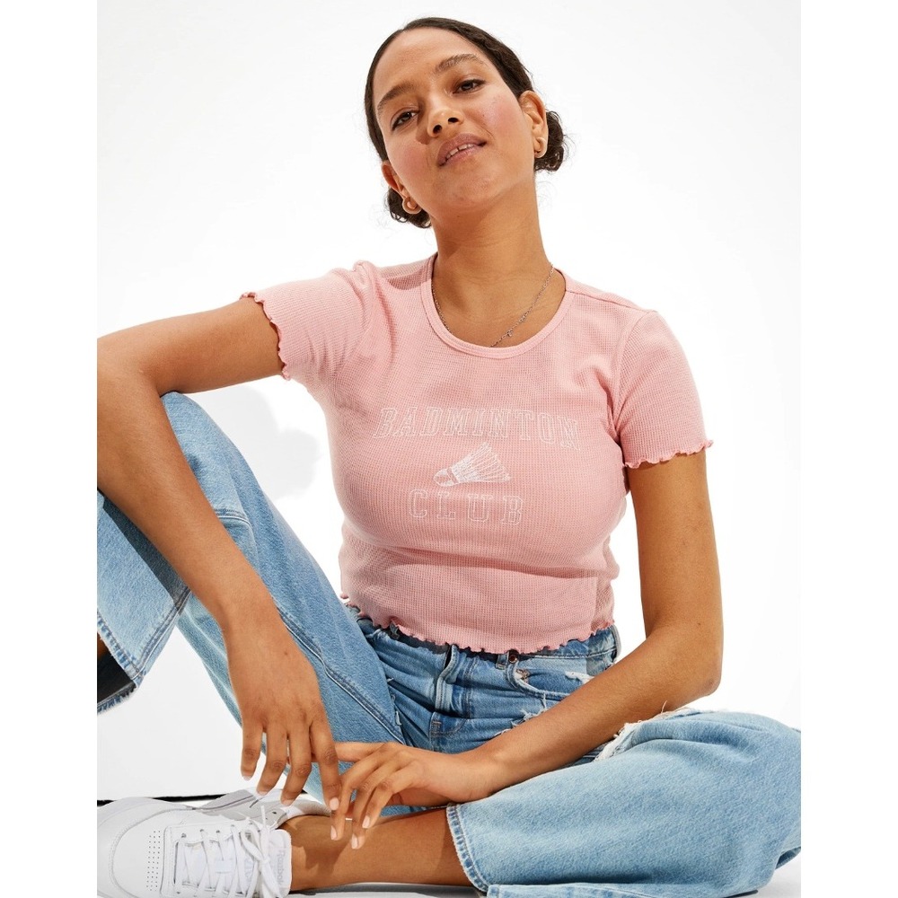 American Eagle Badminton‎ Club Waffle Knit Baby Tee Pink Medium NWT